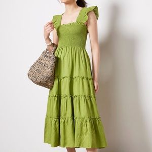 O.P.T Calypso Green Smocked Tiered Midi Dress XS Cottagecore Spring